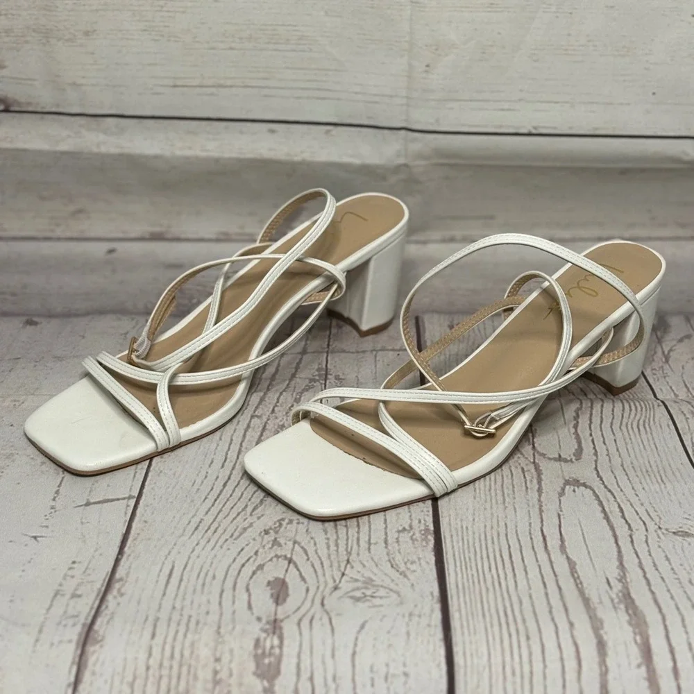 Lulus White Strappy Block Heel Sandals Square Toe Mid Heel Womens 8.5‎